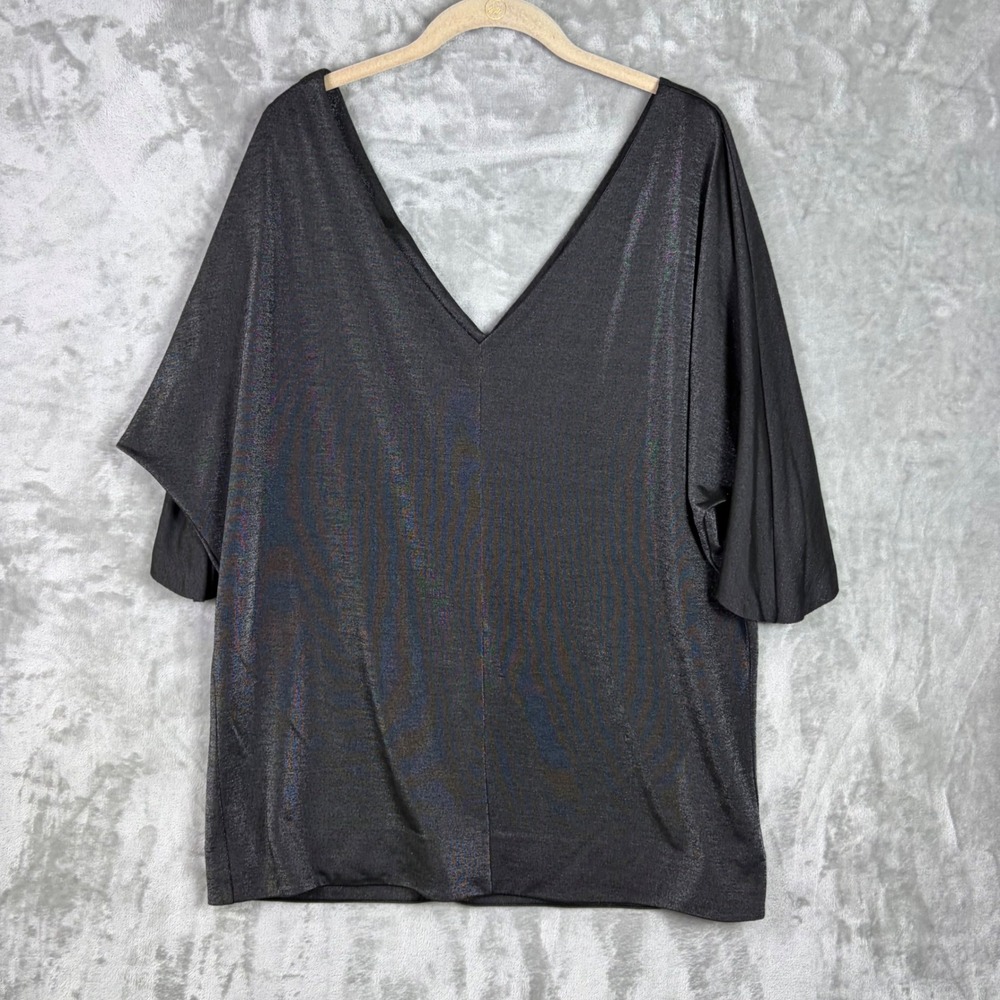 Diane Von Furstenberg Top V-Neck Large Batwing Sleeve Metallic Black Luxury Chic